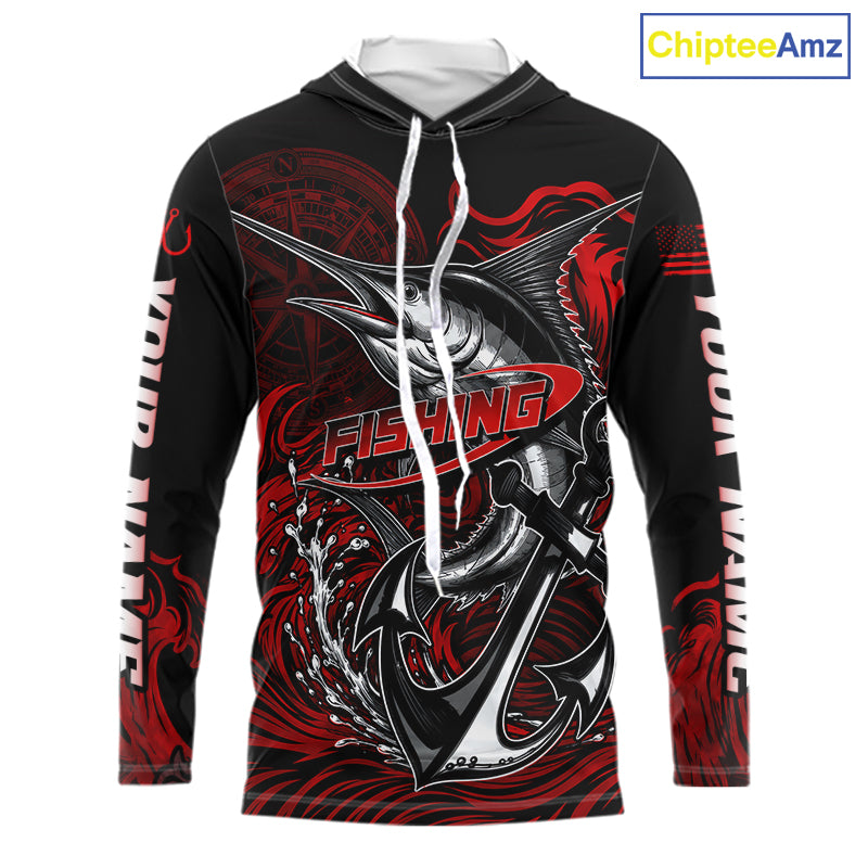 Front view of Custom Marlin Fishing Ocean Camo Long Sleeve Hooded Fishing Shirt Marlin Saltwater Fishing Jersey, UPF 30+ long sleeve fishing shirt with marlin graphic and Your Name on sleeves