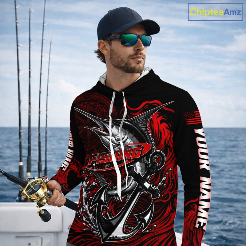 Angler wearing Custom Marlin Fishing Ocean Camo Long Sleeve Hooded Fishing Shirt Marlin Saltwater Fishing Jersey, breathable UPF 30+ long sleeve hooded fishing shirt on the boat