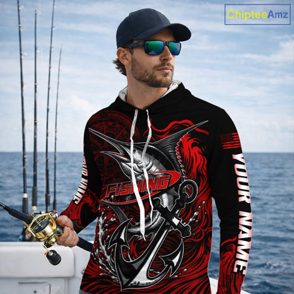 Angler wearing Custom Marlin Fishing Ocean Camo Long Sleeve Hooded Fishing Shirt Marlin Saltwater Fishing Jersey, breathable UPF 30+ long sleeve hooded fishing shirt on the boat