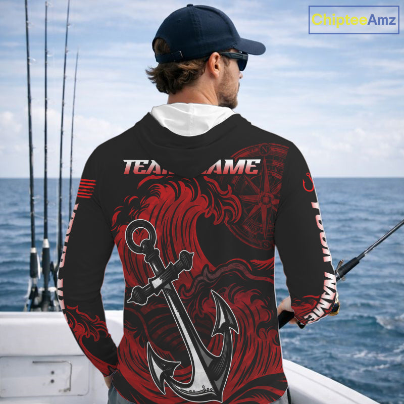Angler wearing Custom Marlin Fishing Ocean Camo Long Sleeve Hooded Fishing Shirt Marlin Saltwater Fishing Jersey, breathable UPF 30+ long sleeve hooded fishing shirt on the boat