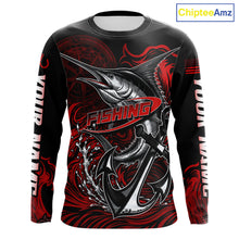 Load image into Gallery viewer, Front view of Marlin Saltwater Fishing Shirt custom ocean camo long sleeve hooded UPF Marlin fishing shirt