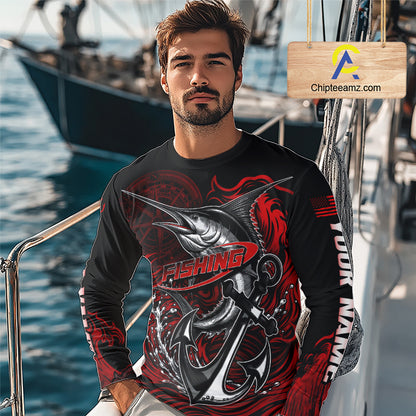 Model wearing Marlin Saltwater Fishing Shirt custom ocean camo long sleeve UPF on boat offshore tournament fishing