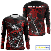 Load image into Gallery viewer, Front and back view of Marlin Saltwater Fishing Shirt custom ocean camo long sleeve hooded UPF Marlin fishing shirt