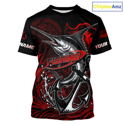 Front view of Custom Marlin Fishing Ocean Camo Shirt Marlin Saltwater Fishing Jersey, lightweight UPF 30+ fishing shirt with marlin and ocean camo design