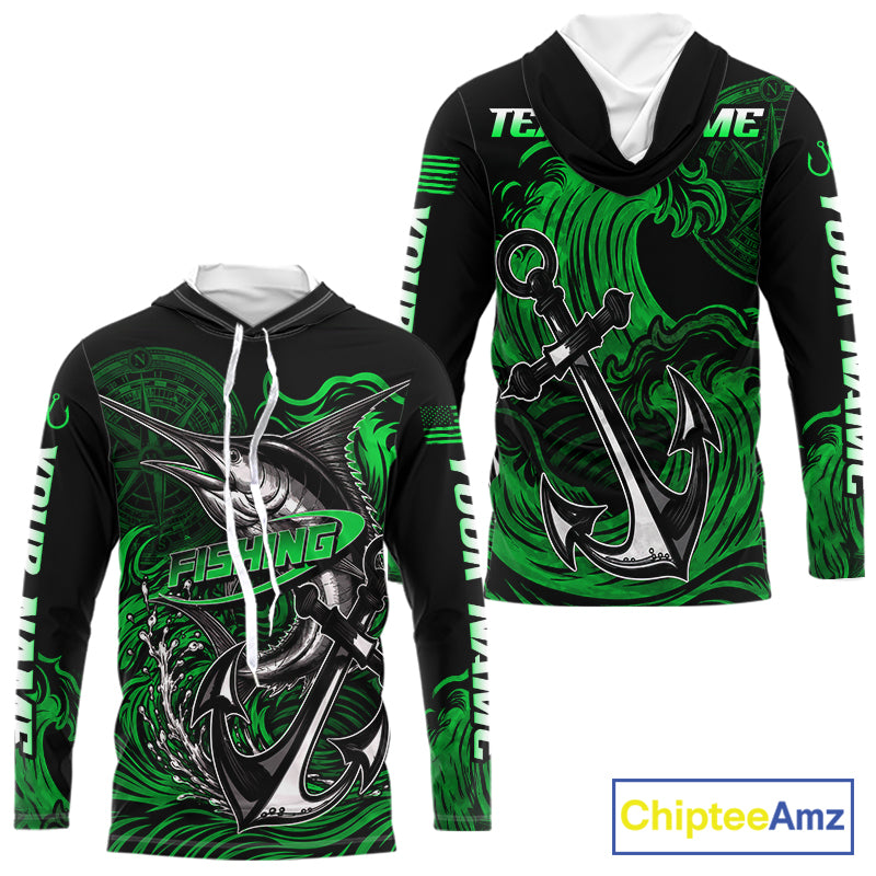 Front and back view of Custom Marlin Fishing Ocean Camo Long Sleeve Hooded Fishing Shirt Marlin Saltwater Fishing Jersey, UPF 30+ long sleeve fishing shirt with marlin graphic and Your Name on sleeves