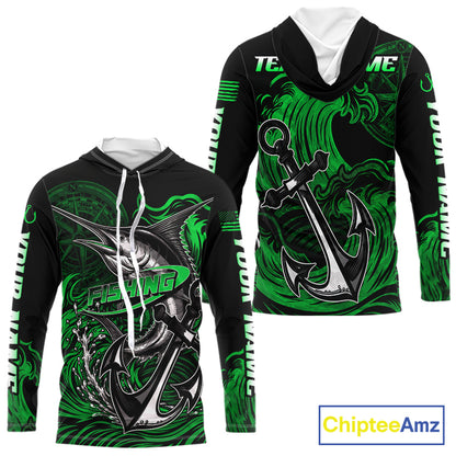 Front and back view of Custom Marlin Fishing Ocean Camo Long Sleeve Hooded Fishing Shirt Marlin Saltwater Fishing Jersey, UPF 30+ long sleeve fishing shirt with marlin graphic and Your Name on sleeves
