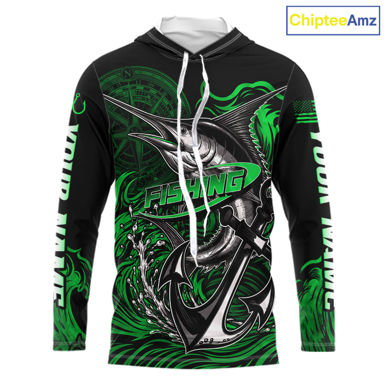 Front view of Custom Marlin Fishing Ocean Camo Long Sleeve Hooded Fishing Shirt Marlin Saltwater Fishing Jersey, UPF 30+ long sleeve fishing shirt with marlin graphic and Your Name on sleeves