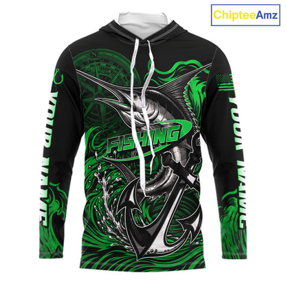 Front view of Custom Marlin Fishing Ocean Camo Long Sleeve Hooded Fishing Shirt Marlin Saltwater Fishing Jersey, UPF 30+ long sleeve fishing shirt with marlin graphic and Your Name on sleeves