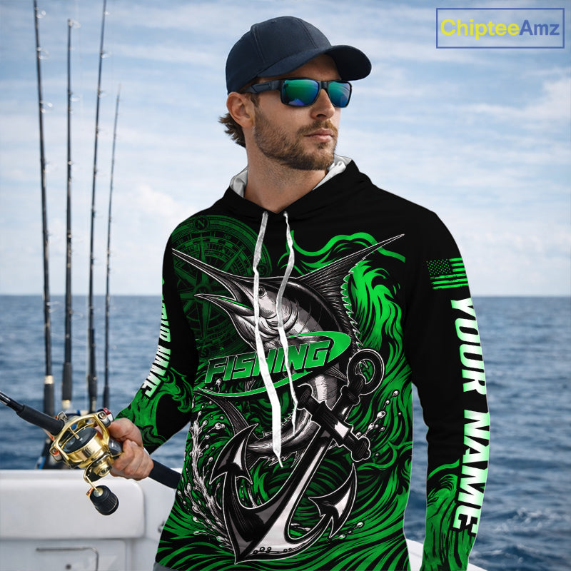 Angler wearing Custom Marlin Fishing Ocean Camo Long Sleeve Hooded Fishing Shirt Marlin Saltwater Fishing Jersey, breathable UPF 30+ long sleeve hooded fishing shirt on the boat