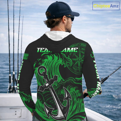 Angler wearing Custom Marlin Fishing Ocean Camo Long Sleeve Hooded Fishing Shirt Marlin Saltwater Fishing Jersey, breathable UPF 30+ long sleeve hooded fishing shirt on the boat
