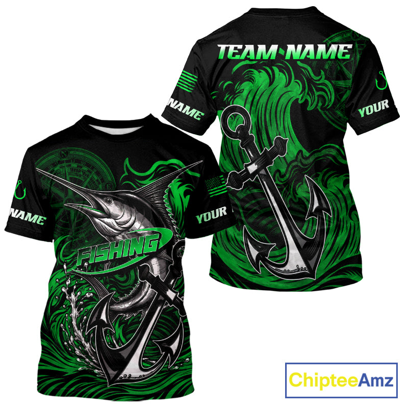 Front and back view of Custom Marlin Fishing Ocean Camo Shirt Marlin Saltwater Fishing Jersey, lightweight UPF 30+ fishing shirt with marlin and ocean camo design