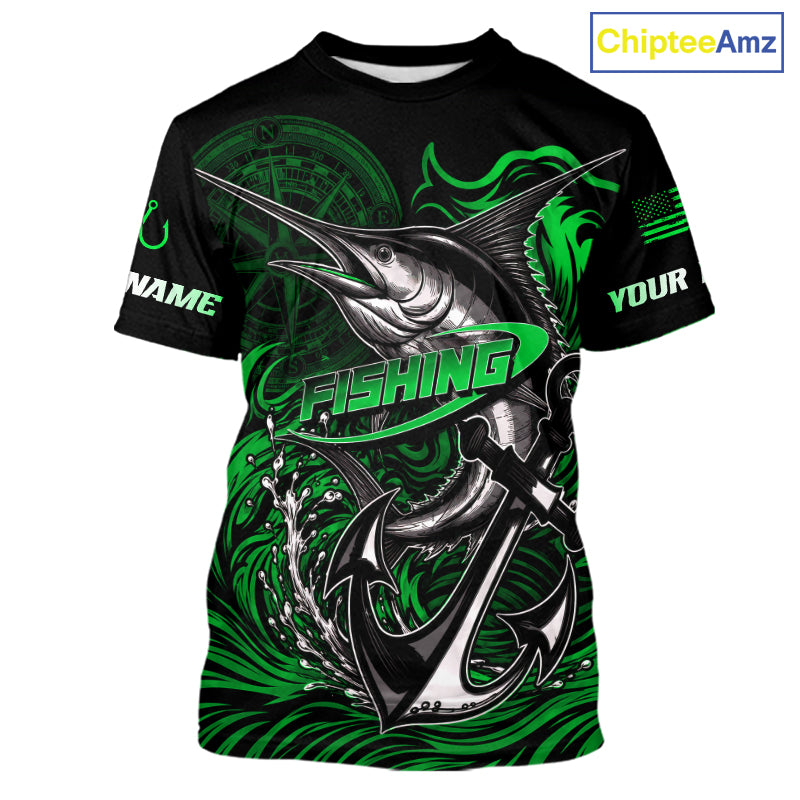 Front view of Custom Marlin Fishing Ocean Camo Shirt Marlin Saltwater Fishing Jersey, lightweight UPF 30+ fishing shirt with marlin and ocean camo design