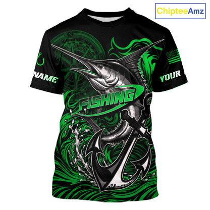 Front view of Custom Marlin Fishing Ocean Camo Shirt Marlin Saltwater Fishing Jersey, lightweight UPF 30+ fishing shirt with marlin and ocean camo design