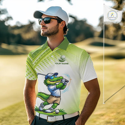Funny White And Green Alligrator Golf Polo Shirts For Men Custom Team Alligator Golf Outfit, Golfer Gifts NBT508