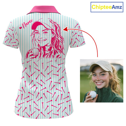 back view of personalized golf polo shirt for mom with custom face & name