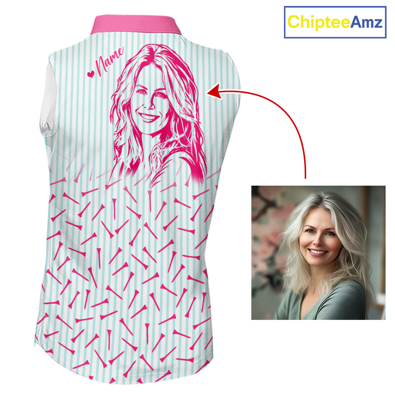 back view of personalized sleeveless golf polo shirt for women with custom face & name