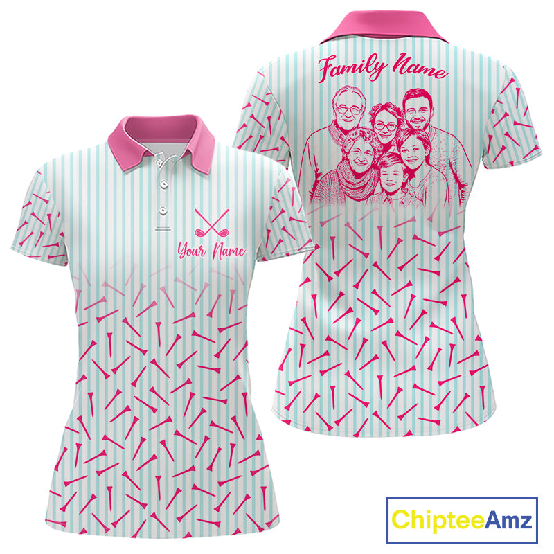 front and back view of woman in custom photo family golf polo shirt, matching family golf outfits