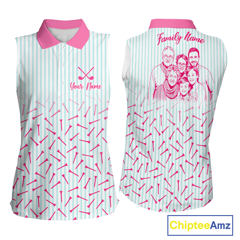 front and back view of woman in custom photo family golf polo shirt, matching family golf outfits