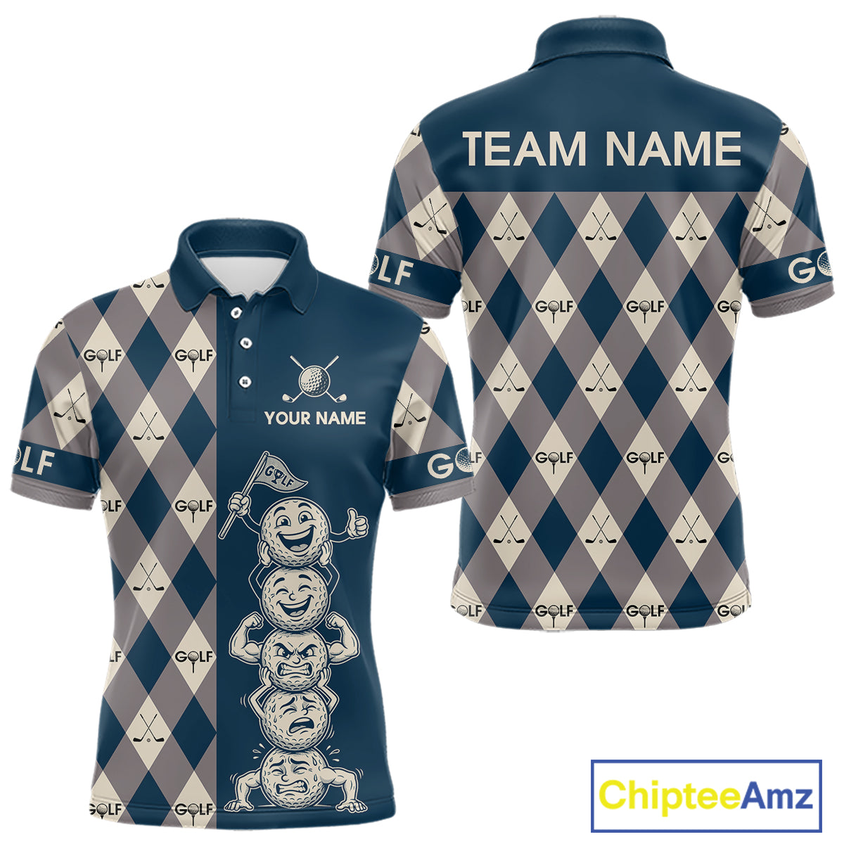 Funny Golf Ball Mens Golf Polo Shirts Custom Blue Argyle Pattern Golf Attire For Men, Golfer Gifts NBT627