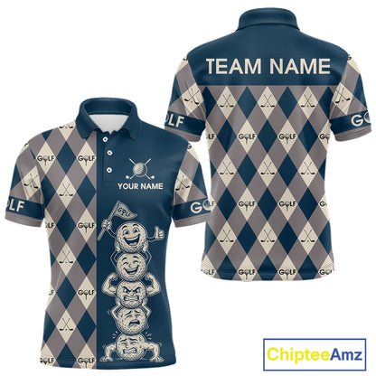 Funny Golf Ball Mens Golf Polo Shirts Custom Blue Argyle Pattern Golf Attire For Men, Golfer Gifts NBT627