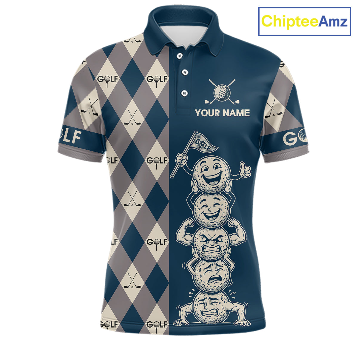Funny Golf Ball Mens Golf Polo Shirts Custom Blue Argyle Pattern Golf Attire For Men, Golfer Gifts NBT627
