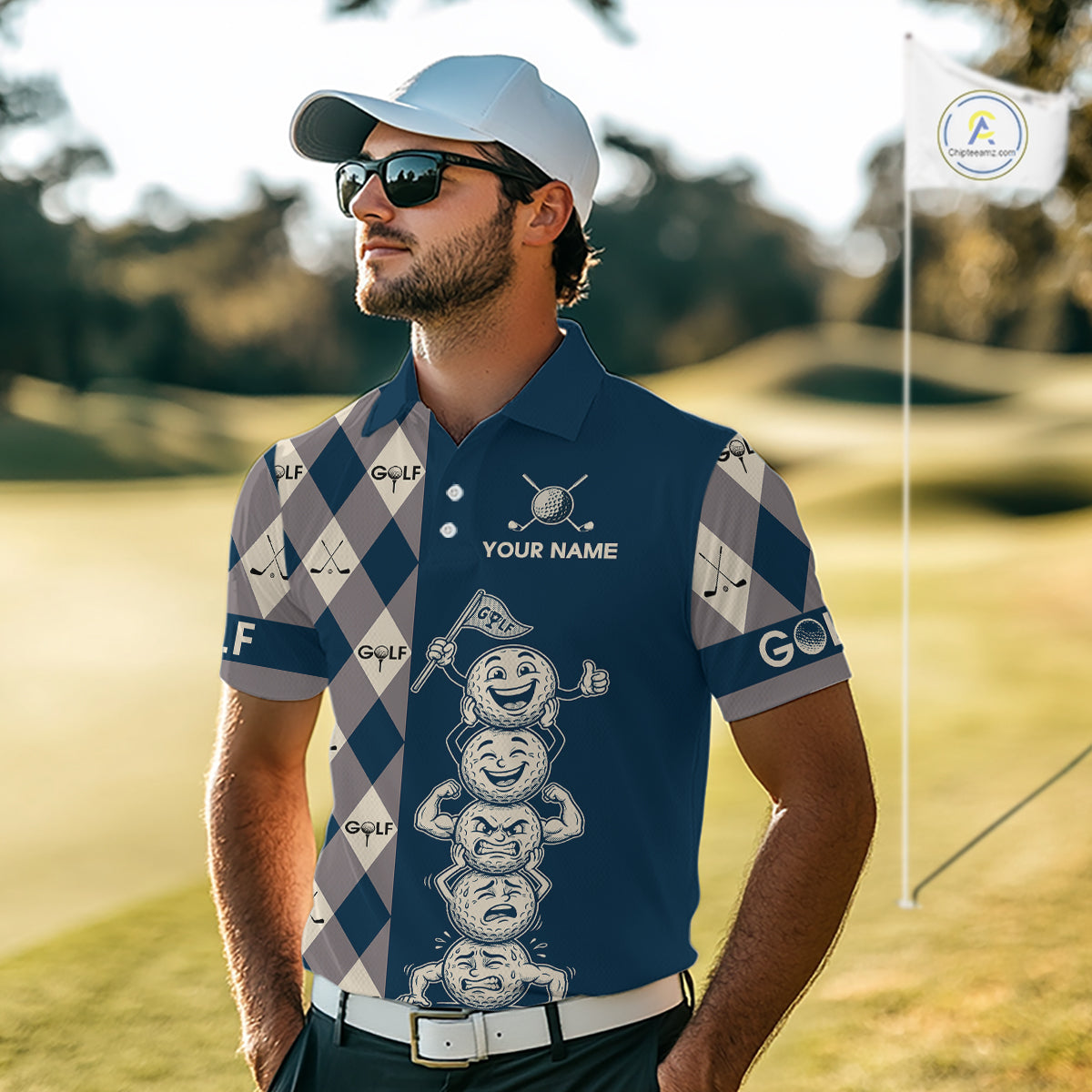 Funny Golf Ball Mens Golf Polo Shirts Custom Blue Argyle Pattern Golf Attire For Men, Golfer Gifts NBT627