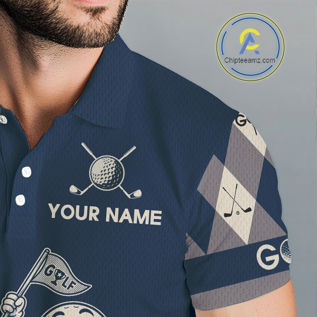 Funny Golf Ball Mens Golf Polo Shirts Custom Blue Argyle Pattern Golf Attire For Men, Golfer Gifts NBT627