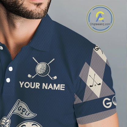 Funny Golf Ball Mens Golf Polo Shirts Custom Blue Argyle Pattern Golf Attire For Men, Golfer Gifts NBT627