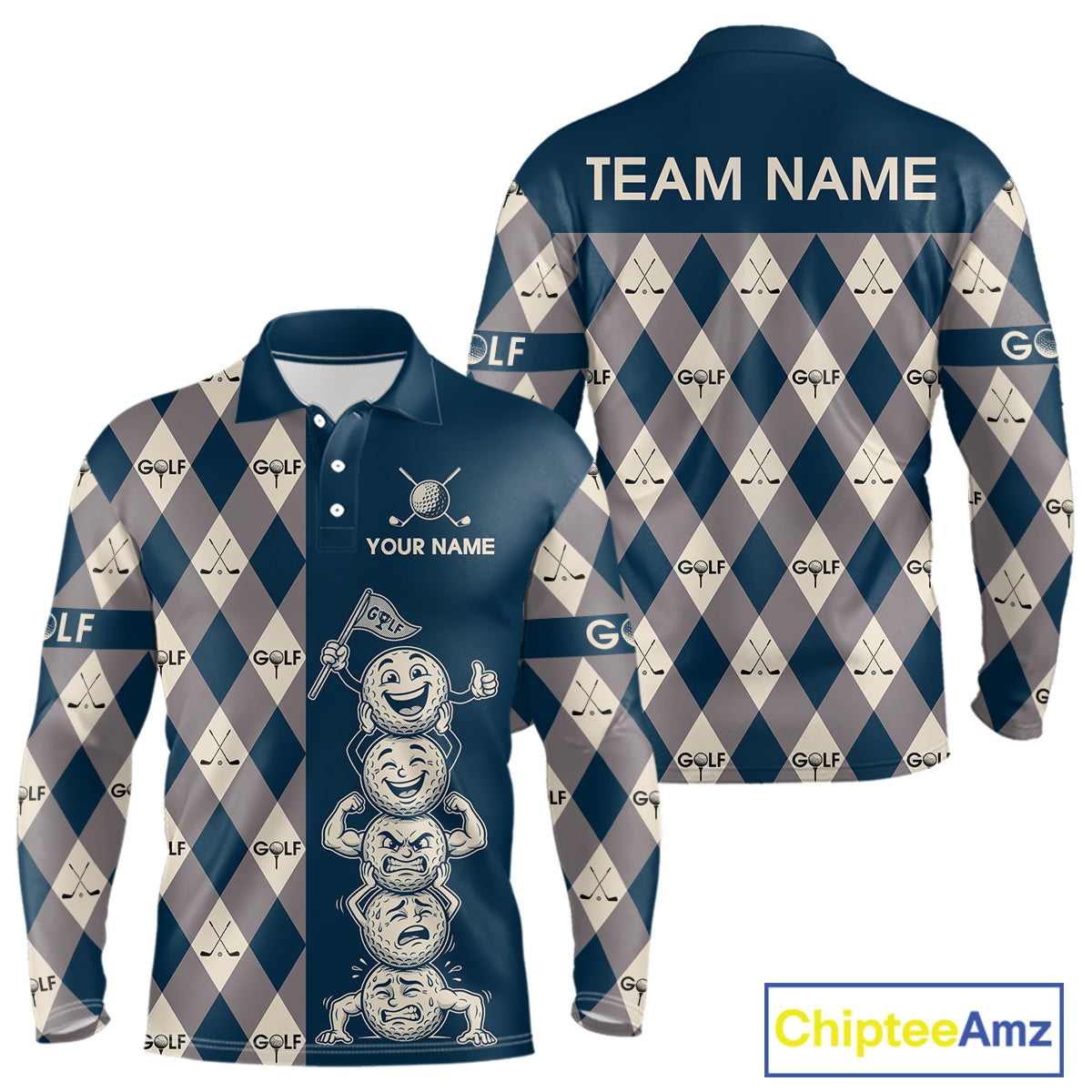 Funny Golf Ball Mens Golf Polo Shirts Custom Blue Argyle Pattern Golf Attire For Men, Golfer Gifts NBT627
