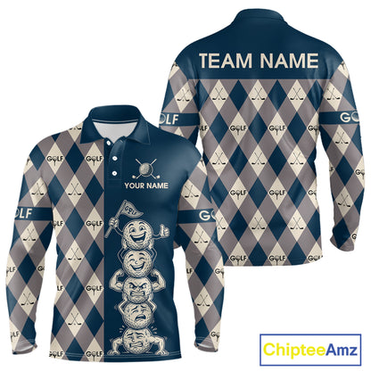 Funny Golf Ball Mens Golf Polo Shirts Custom Blue Argyle Pattern Golf Attire For Men, Golfer Gifts NBT627