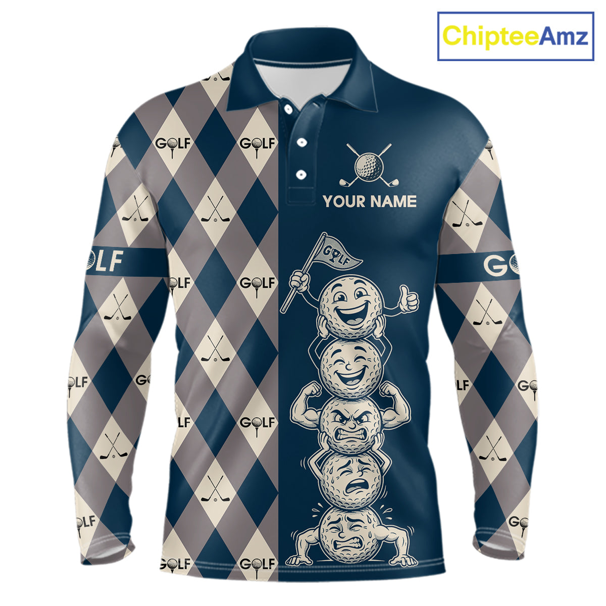 Funny Golf Ball Mens Golf Polo Shirts Custom Blue Argyle Pattern Golf Attire For Men, Golfer Gifts NBT627