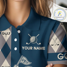Load image into Gallery viewer, Funny Golf Ball Womens Golf Polo Shirts Custom Blue Argyle Pattern Golf Attire For Ladies, Golfer Gifts NBT627