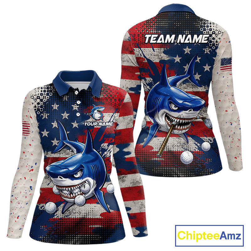 Front and back view funny womens long sleeve polo golf shirt American Flag custom shark golf shirt funny golf gift