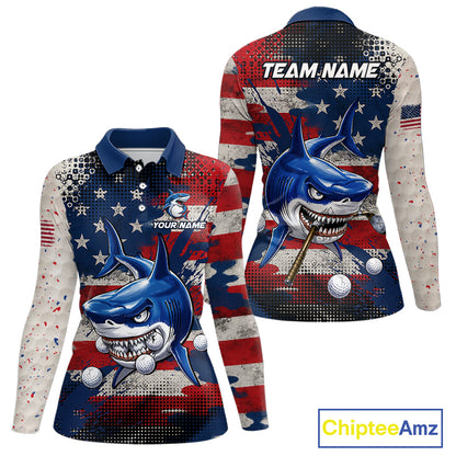 Front and back view funny womens long sleeve polo golf shirt American Flag custom shark golf shirt funny golf gift
