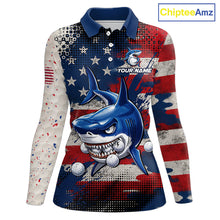 Load image into Gallery viewer, Front view funny womens long sleeve polo golf shirt American Flag custom shark golf shirt funny golf gift