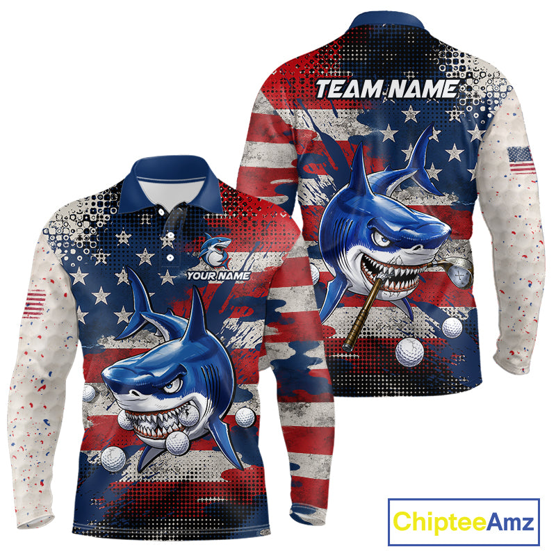 Front and back view funny mens long sleeve polo golf shirt American Flag custom shark golf shirt funny golf gift