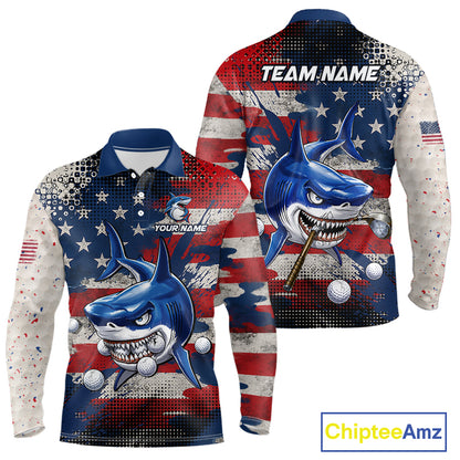 Front and back view funny mens long sleeve polo golf shirt American Flag custom shark golf shirt funny golf gift