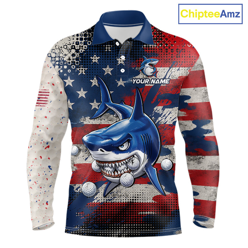 Front view funny mens long sleeve polo golf shirt American Flag custom shark golf shirt funny golf gift