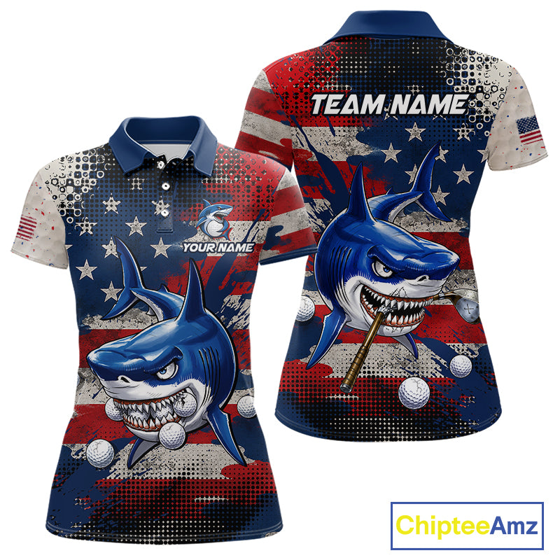 Front and back view funny womens polo golf shirt American Flag custom shark golf shirt funny golf gift with personalized name