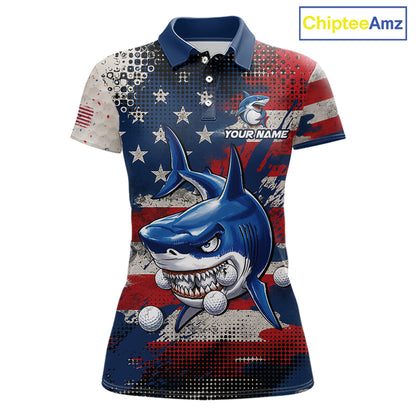 Front view funny womens polo golf shirt American Flag custom shark golf shirt funny golf gift