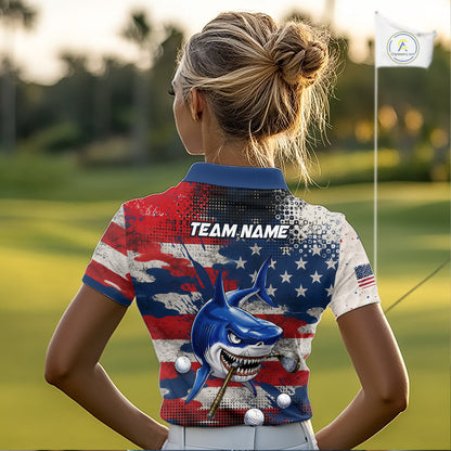 Golfer wearing funny womens polo golf shirt American Flag custom shark golf shirt personalized golf gift for women 