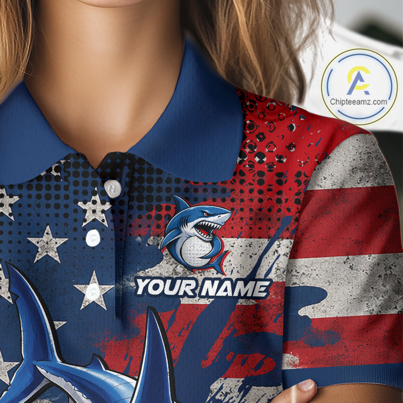 Shirt with shark design and American flag pattern, with custom name on the chest