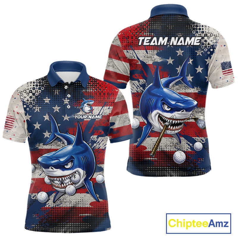 Front and back view funny mens polo golf shirt American Flag custom shark golf shirt with large shark design