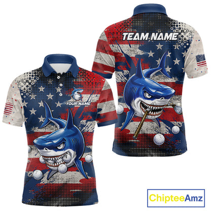 Front and back view funny mens polo golf shirt American Flag custom shark golf shirt with large shark design