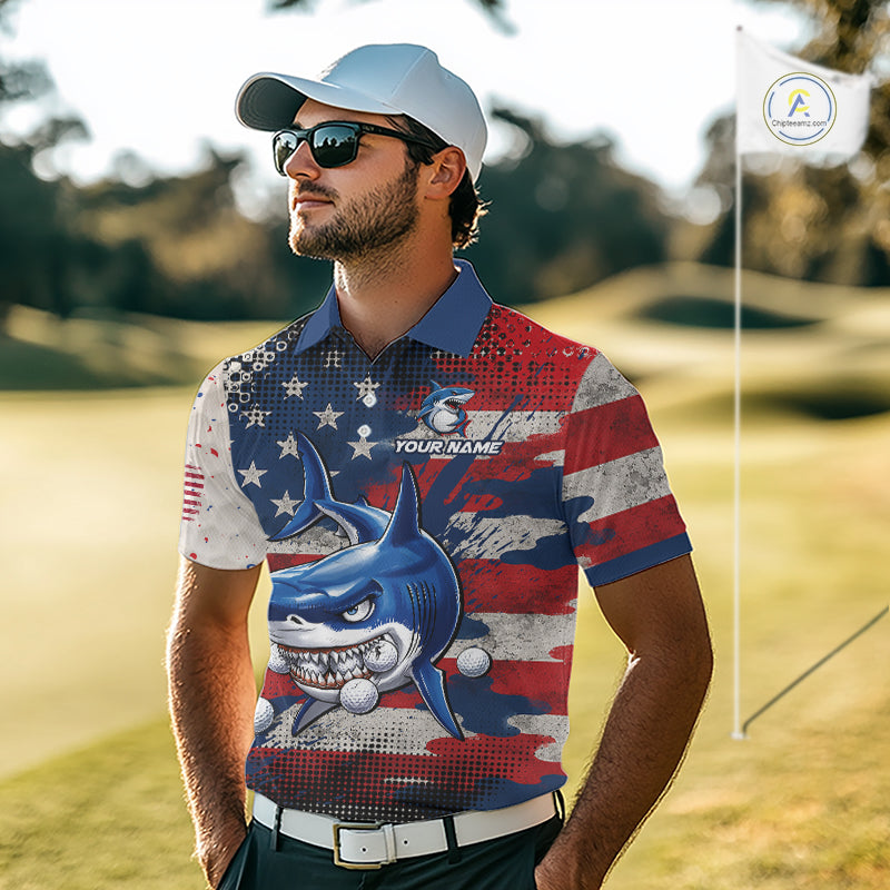 Golfer wearing funny mens polo golf shirt American Flag custom shark golf shirt on the golf course