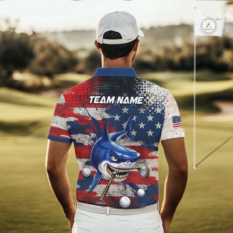 Golfer wearing funny mens polo golf shirt American Flag custom shark golf shirt on the golf course