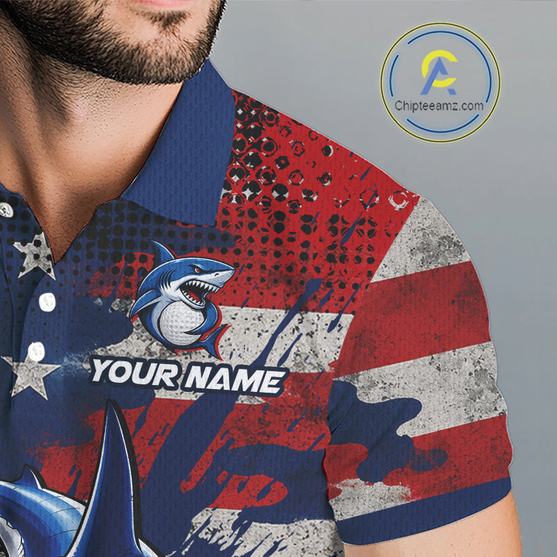 Close-up breathable polyester fabric texture on funny mens long sleeve polo golf shirt American Flag custom shark