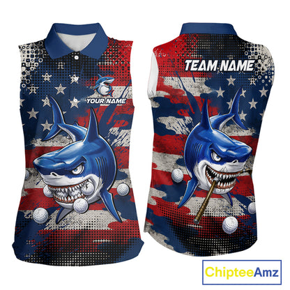 Front and back view funny womens sleeveless polo golf shirt American Flag custom shark golf shirt funny golf gift with personalized name