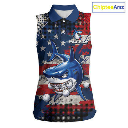 Front view funny womens sleeveless polo golf shirt American Flag custom shark golf shirt funny golf gift