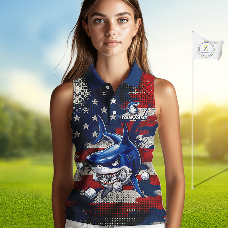 Golfer wearing funny womens sleeveless polo golf shirt American Flag custom shark golf shirt personalized golf gift for women